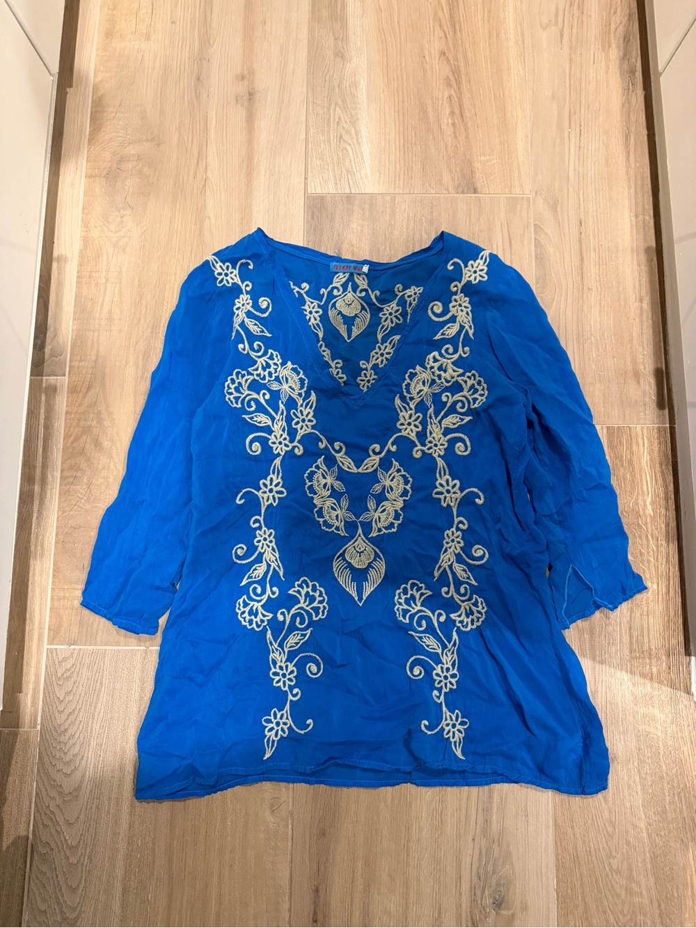 Johnny Was Royal Blue Embroidered V-Neck Tunic